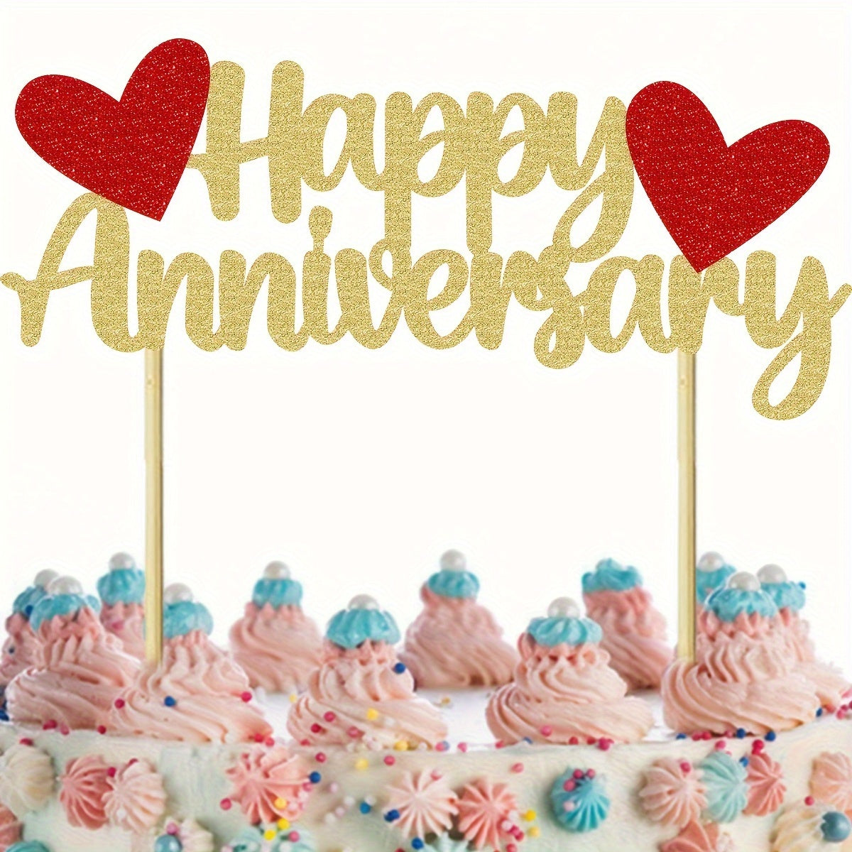1 Pack Bamboo Happy Anniversary Cake Topper, Glittering Non-Electric Universal Holiday Cake Decoration Supplies for Wedding Celebrations for Halloween, Christmas Event & Party Supplies