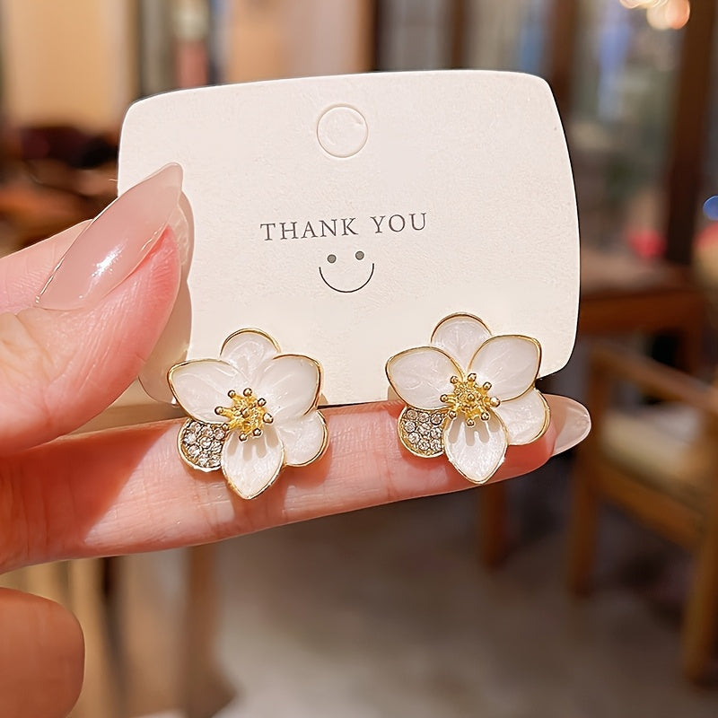 Stud Earrings Zinc Alloy with Rhinestone Accents, Versatile White Petal Design