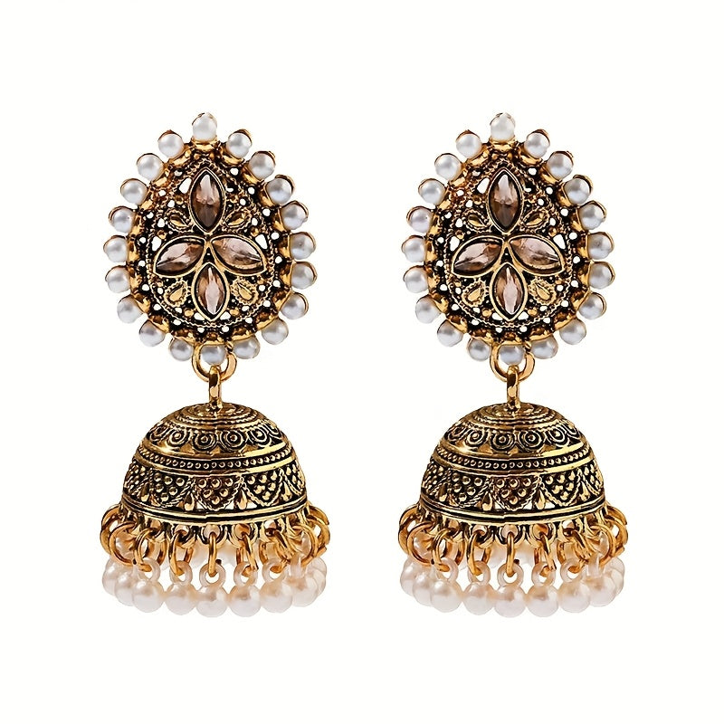 Bohemian Ethnic Golden-Tone Earrings with Imitation Pearl Accents & Synthetic Stones