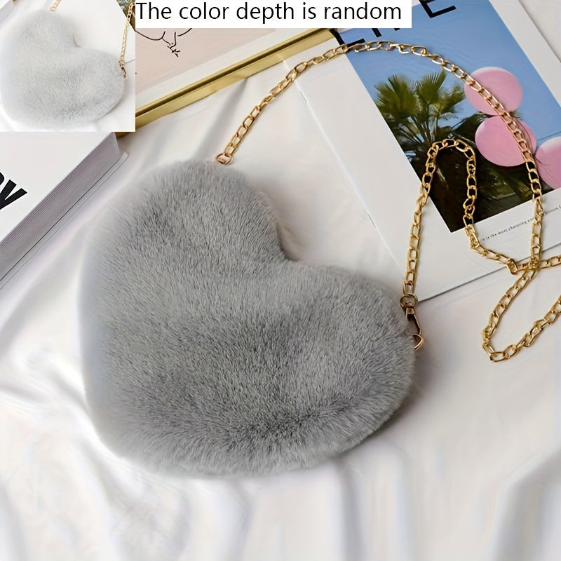 Chic Heart-Shaped Plush Crossbody Bag - Fashionable Zippered Shoulder Purse