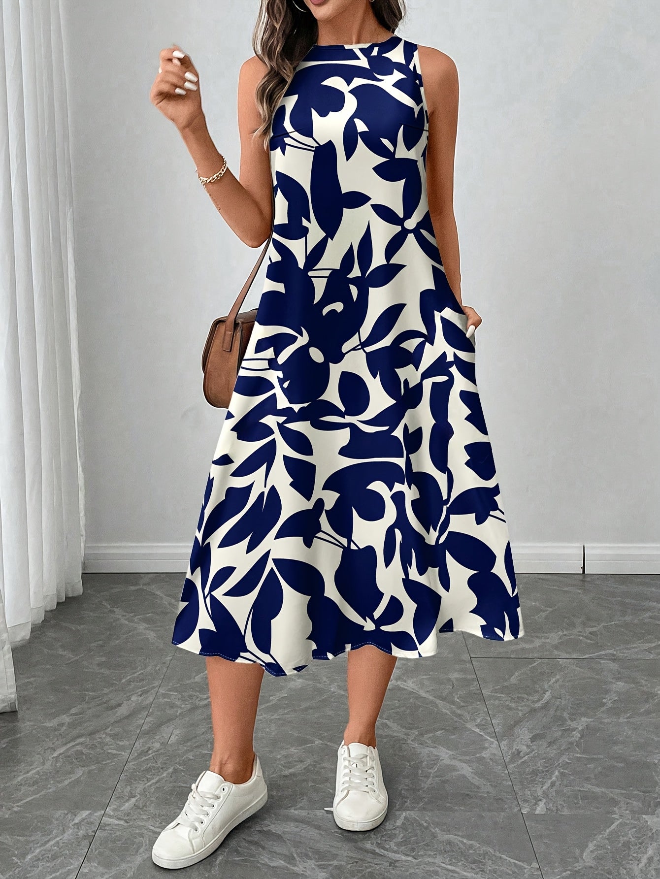 Women'S Elegant Floral Print Sleeveless Dress - Casual Summer Style, Round Neck, Lightweight Polyester, Perfect for Casual Attire, Allseason Dress | Floral Print Dress | Lightweight Dress