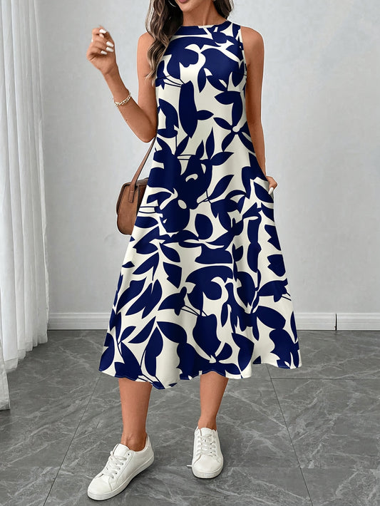 Women'S Elegant Floral Print Sleeveless Dress - Casual Summer Style, Round Neck, Lightweight Polyester, Perfect for Casual Attire, Allseason Dress | Floral Print Dress | Lightweight Dress