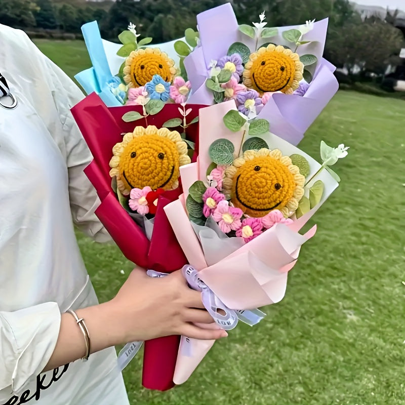 Realistic Knit Sunflower Bouquet with Smiling Face - No Electricity Needed, Durable Polyester Floral Arrangement for Home Decor, Birthday & Thanksgiving Gifts, Office & Party Centerpieces, Handmade Aesthetic Tabletop Decor, S