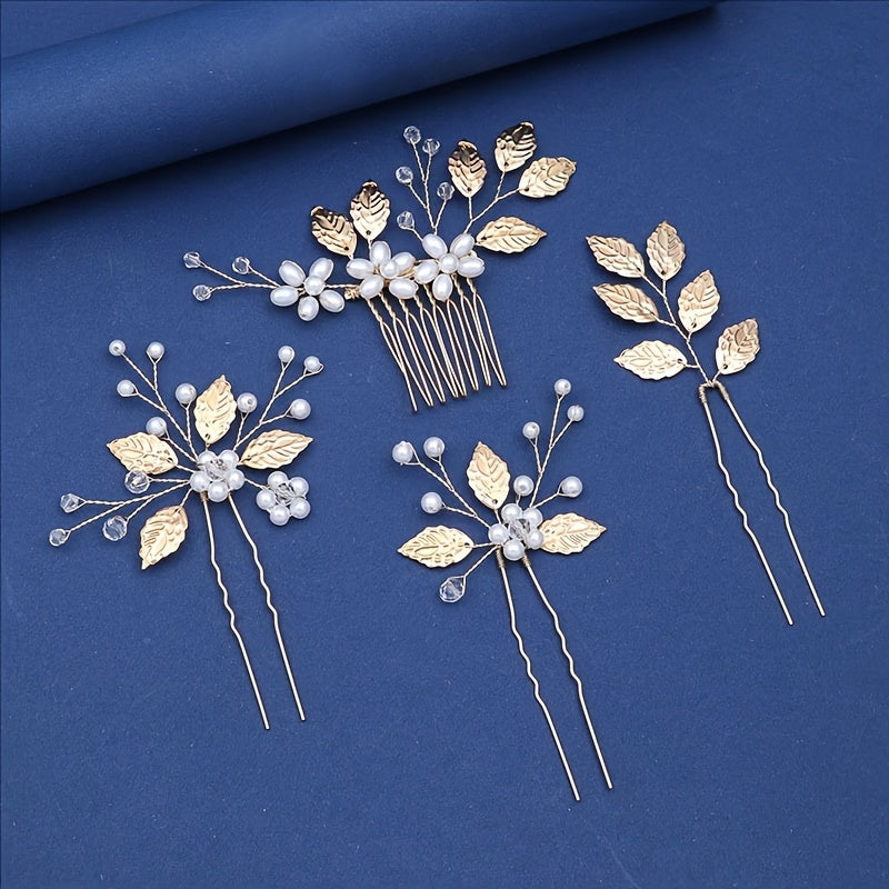 4pcs Wedding Hair Accessories - Faux Pearls, Crystals, Rhinestones Combs, Clips And Flower Pieces for Bride And Bridesmaids (Elegant Style)