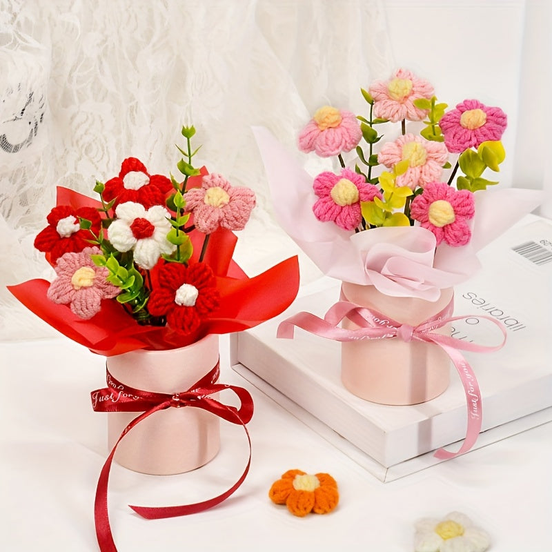 Handmade Knitted Daisy Bouquet - Realistic Yellow, white, pink, blue, red, or Floral Arrangement - with Pastel Pink, Beige, or Red Ribbon Bucket - No Maintenance Fake Flowers for Home, Office, Wedding, Birthday - Perfect Gift