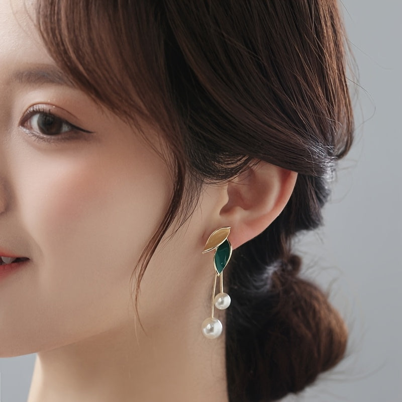 Elegant Leaf-Shaped Drop Earrings with Imitation Pearls