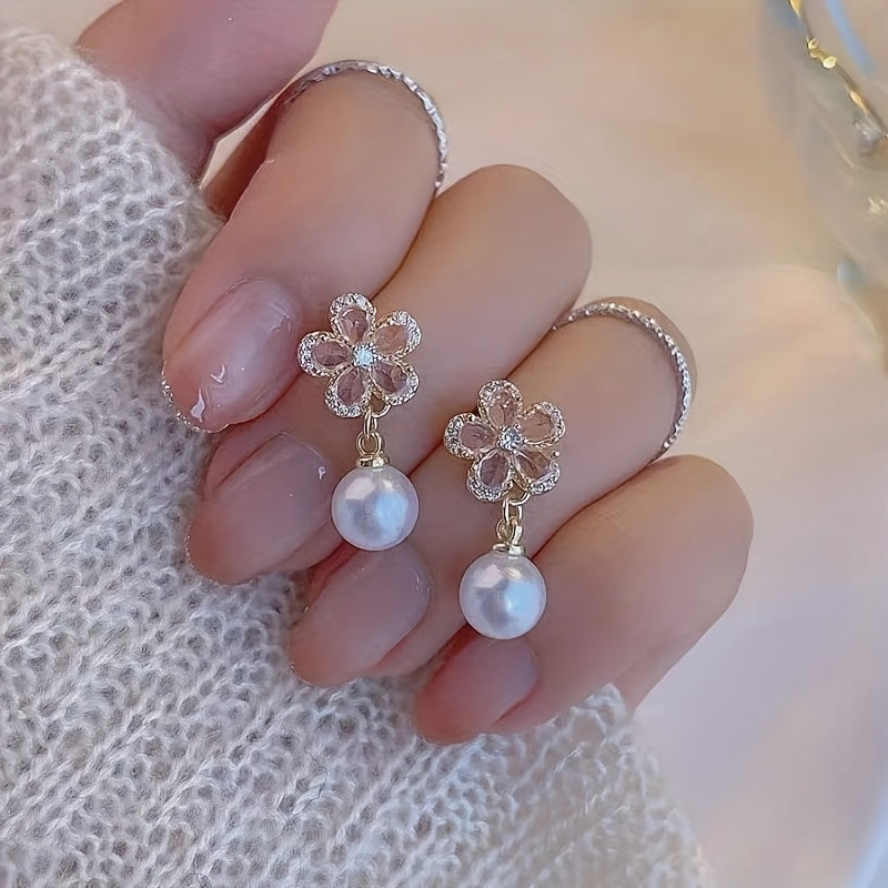 Sweet & Elegant Pink Flower Imitation Pearl Earrings