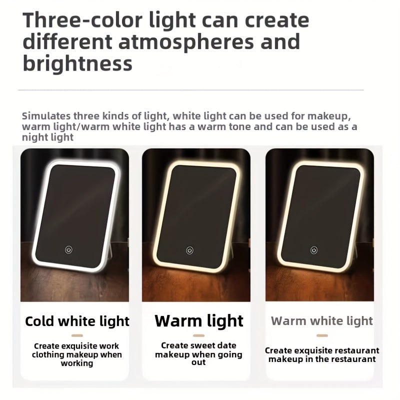 LED Makeup Mirror: Tri-Color Touch Control Dimmable Warm/White/Natural Light, Foldable & Portable Design (Battery Not Included), Long Press to Adjust Brightness – Perfect for Valentine'S Day/Birthday Gift