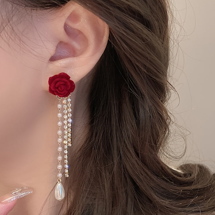 Luxury Floral Stud Earrings with Faux & Rhinestone Tassels, Copper Base & 925 Sterling Silver