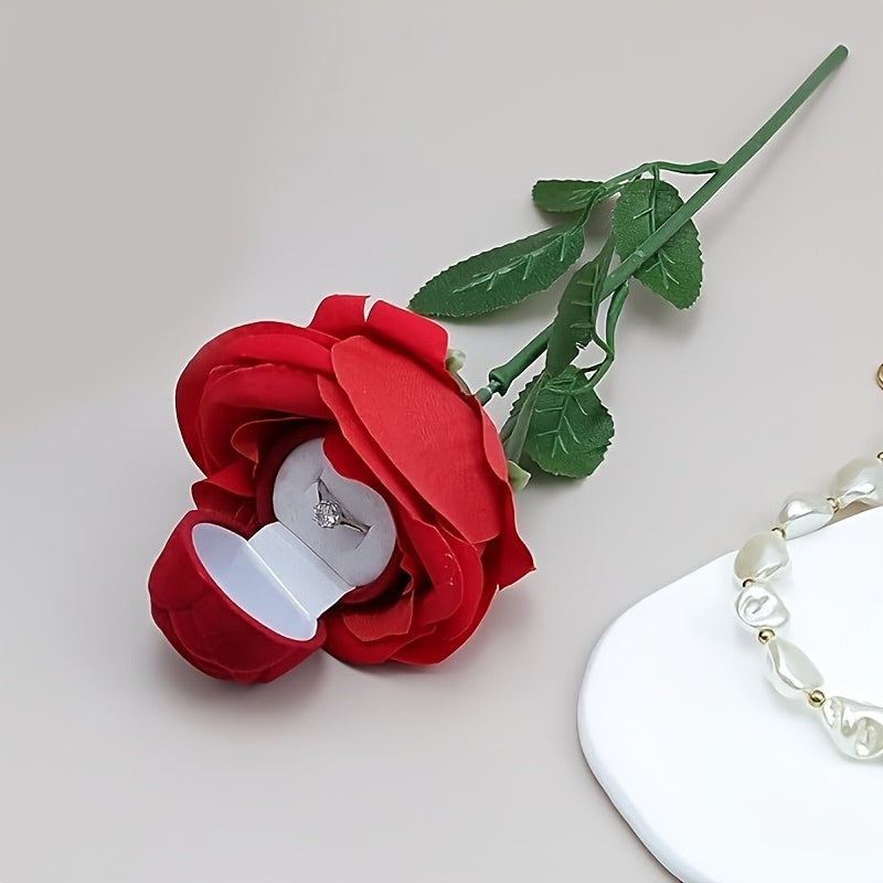 Velvet Rose Ring Box with Green Leaf Accents - Perfect for Valentine'S Day, Mother'S Day, Qixi Festival, and Special Occasions like Weddings, Engagements, and Proposals, Valentine'S Day Gift | Romantic Gift | Velvet Rose Ring