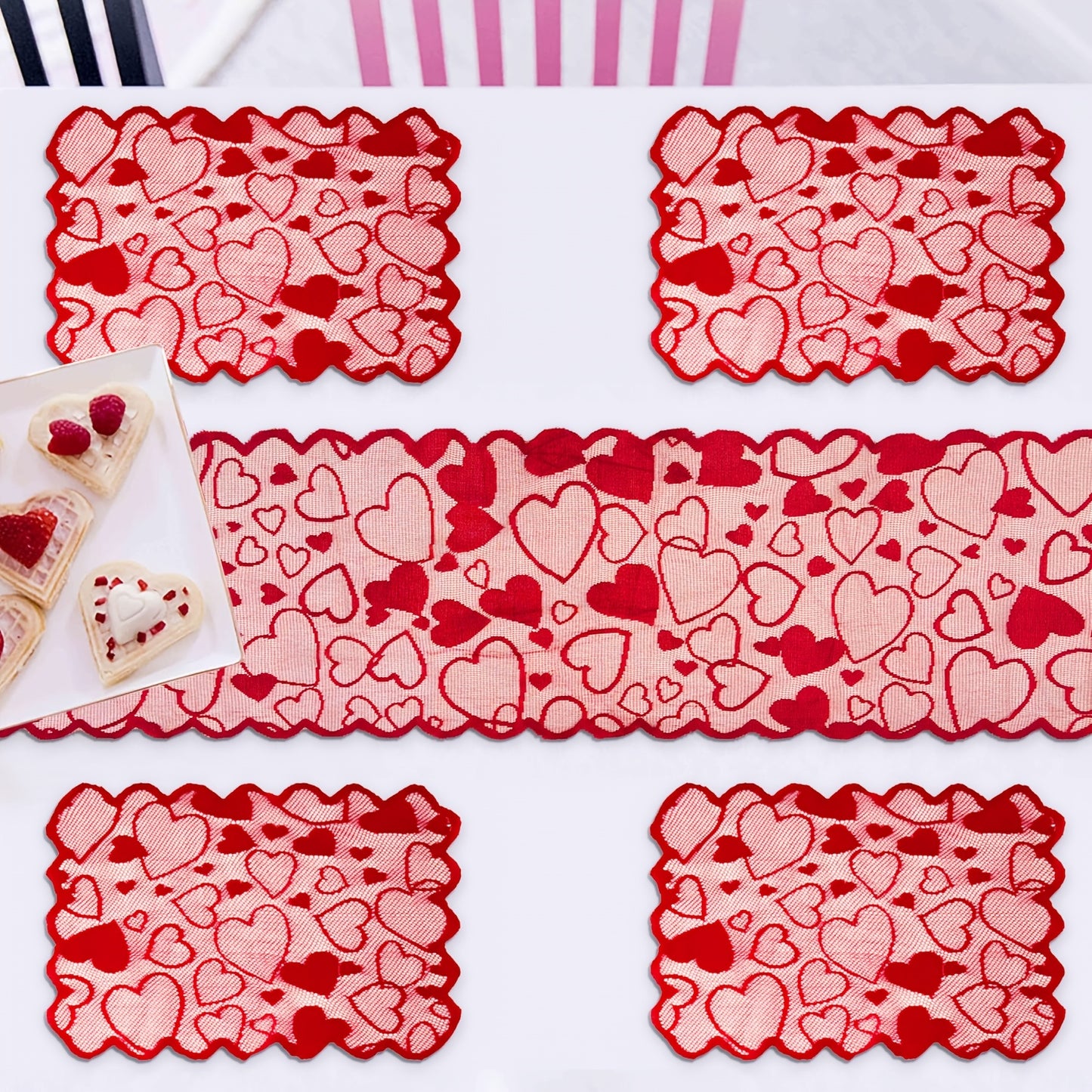 1/5pcs Valentine's Day heart-shaped red lace table flag placemat set for home decoration, anniversary parties, romantic home decoration tablecloths for weddings and Valentine's Day decorations