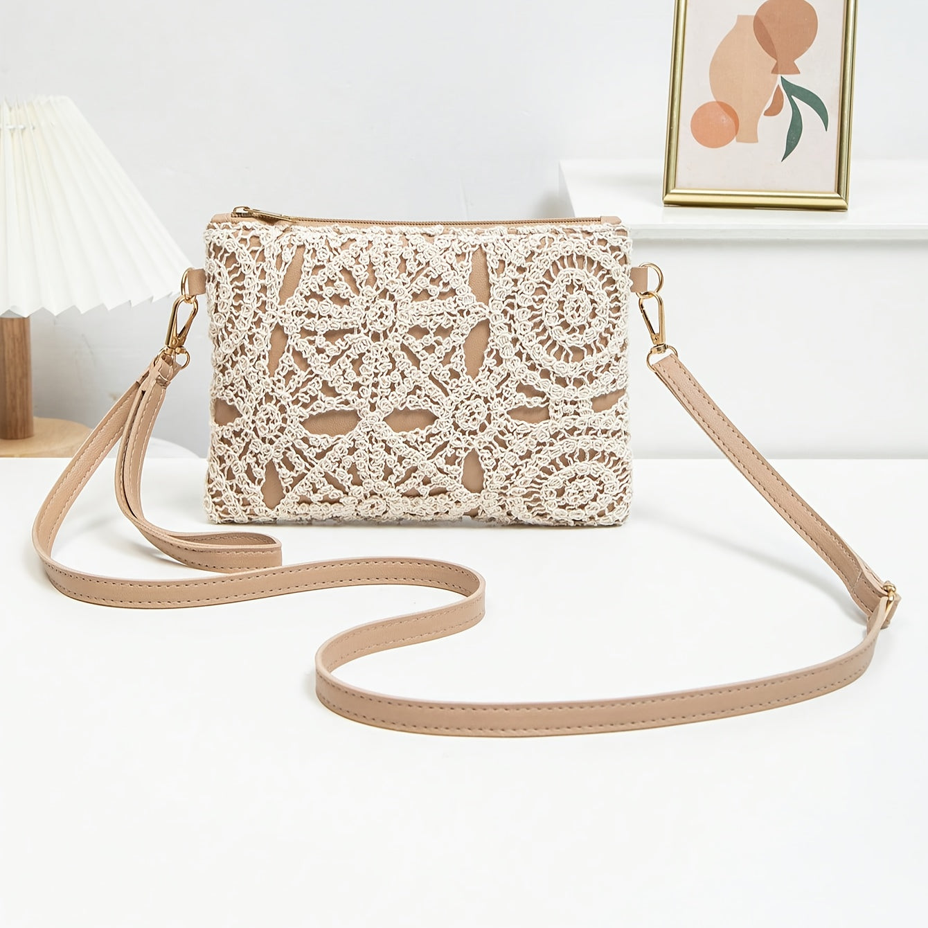 Elegant White Lace Crossbody Bag with Removable Beige Strap - Floral Pattern, Zipper Closure, Polyester Lining, Perfect for Spring & Summer Outfits, Casual or Formal Wear, Ladies Purse