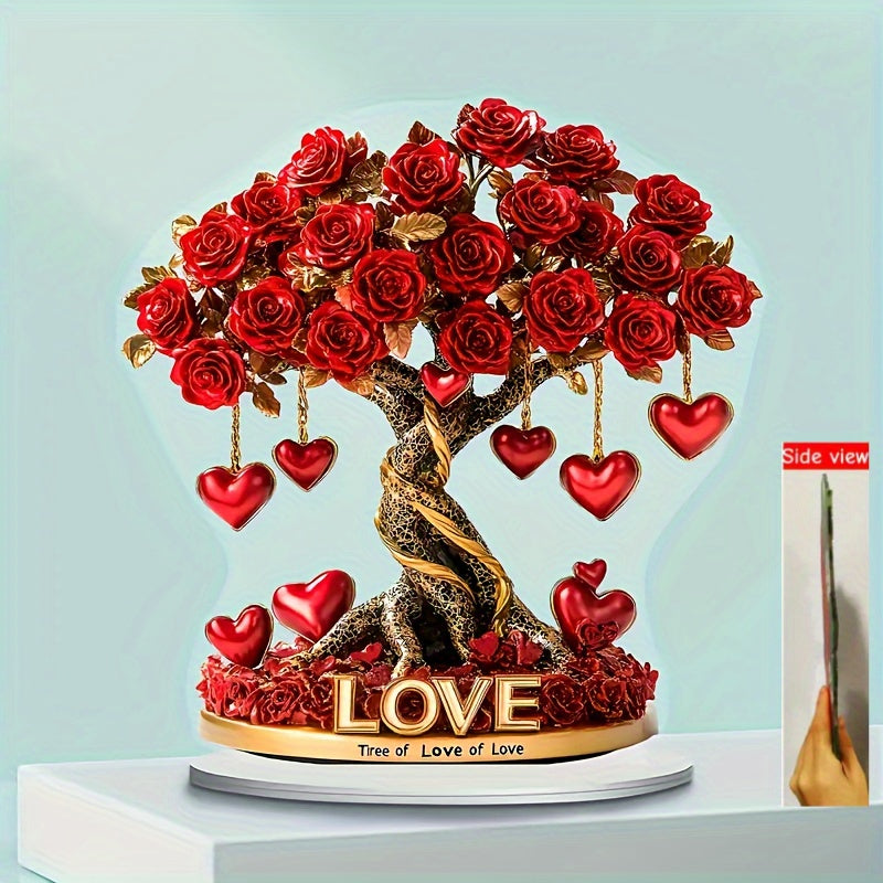 2D Flat, 1pc Bohemian Acrylic 2D Crystal Heart Rose Tree Decoration with Golden Base & Red Roses - "Tree of Love" English Inscription, No Batteries Needed, 2D Flat, Christmas Decor