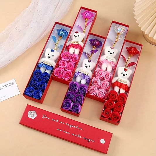 Creative Gift Box with Plush Bear And Artificial Roses - Ideal for Weddings, Birthdays, And Special Occasions, Romantic Gift Box|Playful Design|Durable Plastic Box, Flower Gift Box, Halloween, Christmas
