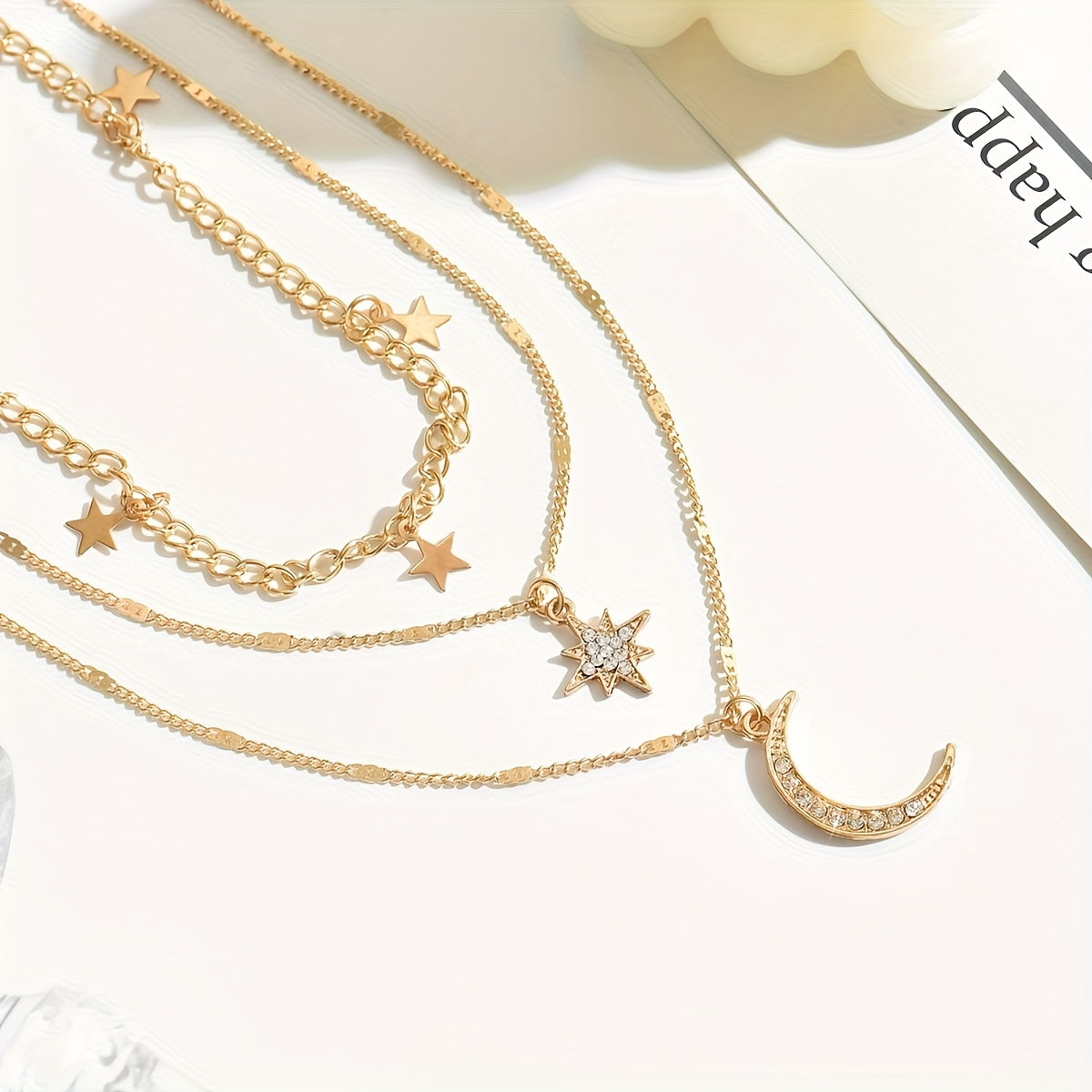 An Elegant Bohemian Style Multi-Layer Golden Necklace with Star and Moon Pendants - Perfect Gift for Friendship, Suitable for Gifting and Casual Attire, For Teenager