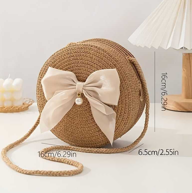 Elegant Coffee-Colored Round Woven Crossbody Bag with Pearl Bow Detail