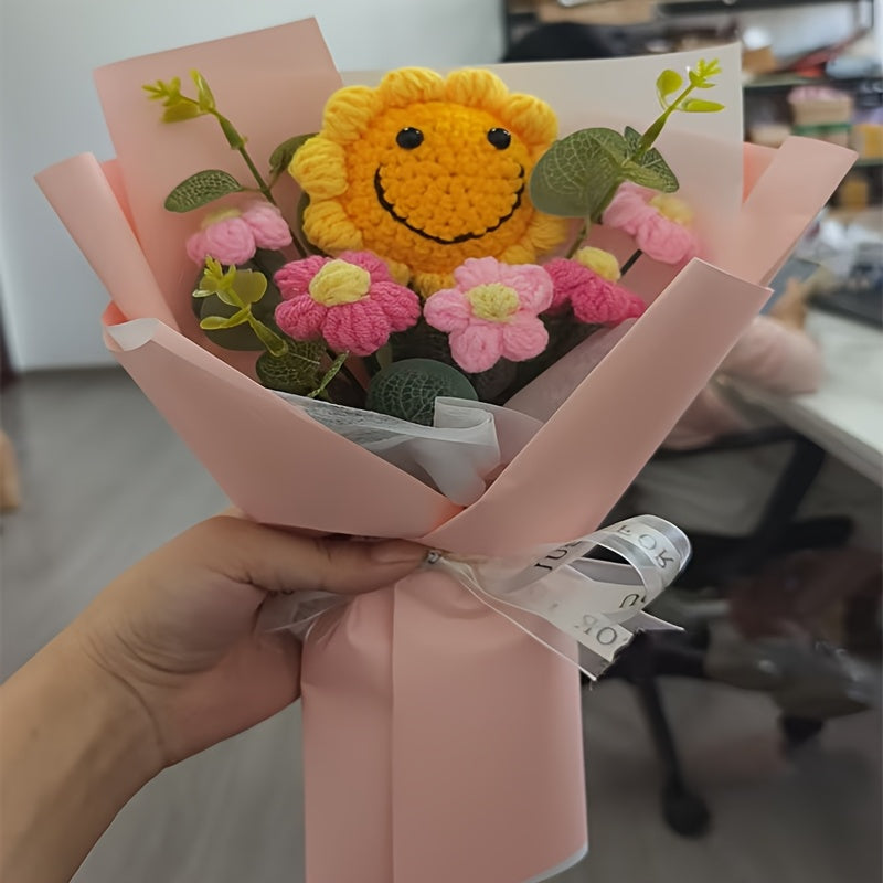 Realistic Knit Sunflower Bouquet with Smiling Face - No Electricity Needed, Durable Polyester Floral Arrangement for Home Decor, Birthday & Thanksgiving Gifts, Office & Party Centerpieces, Handmade Aesthetic Tabletop Decor, S