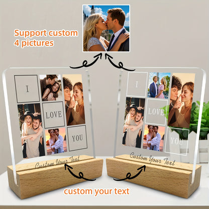 2D Flat, 2D Flat Custom Crystal Plaque - 1 Piece with 4 Photos & Text, Bohemian-Style Desktop Decoration Stand for Anniversaries/Birthdays (Mother's Day or Valentine’s) – Unisex Gift Idea + Wedding Halloween Christmas Dé