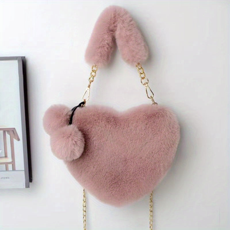 1pc Cozy Heart-Shaped Faux Fur Crossbody Bag, Polyester Plush Love Purse with Chain Shoulder Strap, Soft Pink/White/Black Fashion Handbag, Ideal for Christmas & Valentine'S Day Gifts