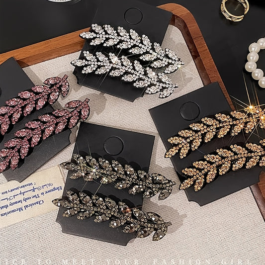 4pcs Vintage Elegant Alloy Wheat Ear Hairpins, Crystal Embellished Leaf-Shaped Hair Clips, Solid Color Duckbill Hair Accessories for Women, Ideal for Valentine'S Day Gift