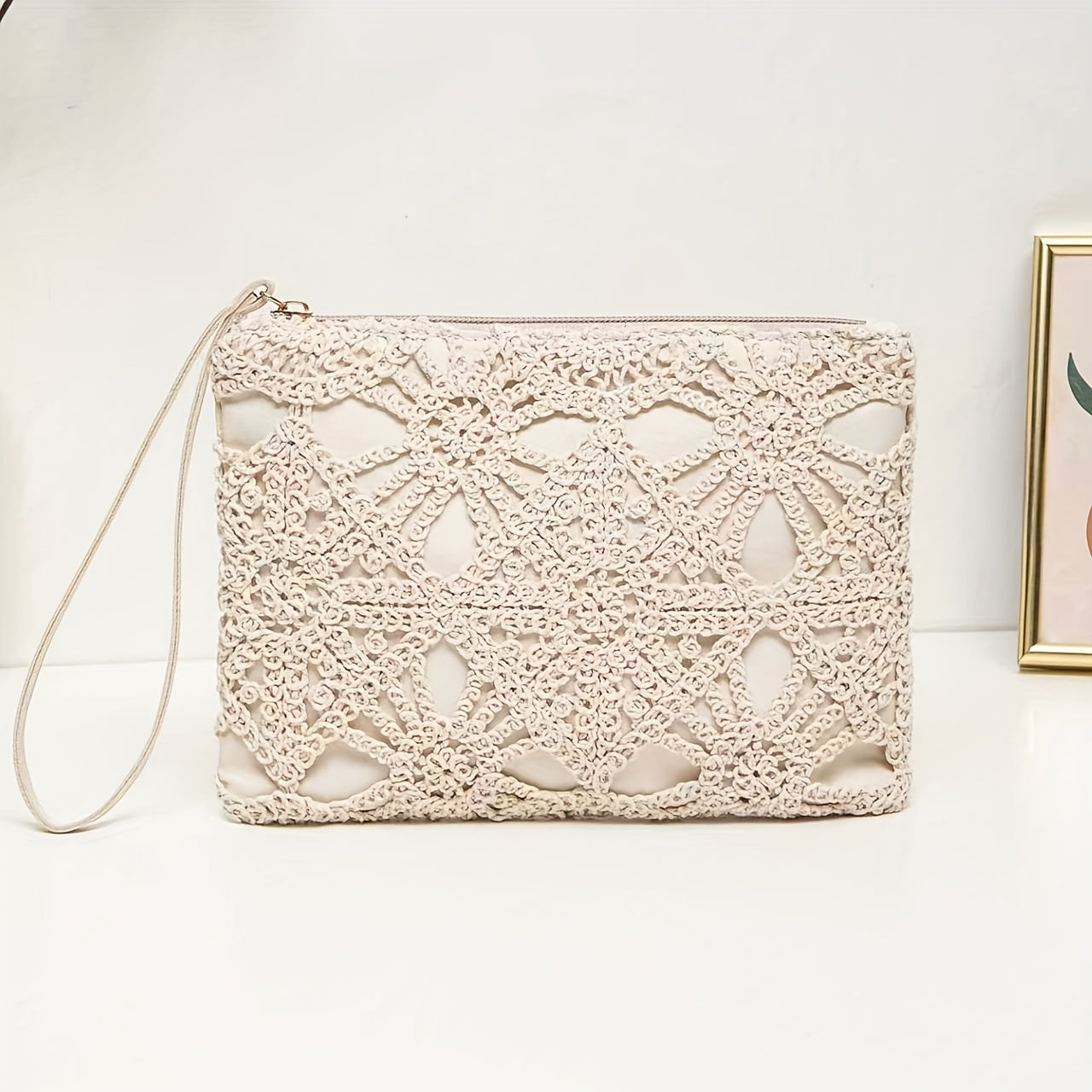 Elegant White Lace Crossbody Bag with Removable Beige Strap - Floral Pattern, Zipper Closure, Polyester Lining, Perfect for Spring & Summer Outfits, Casual or Formal Wear, Ladies Purse