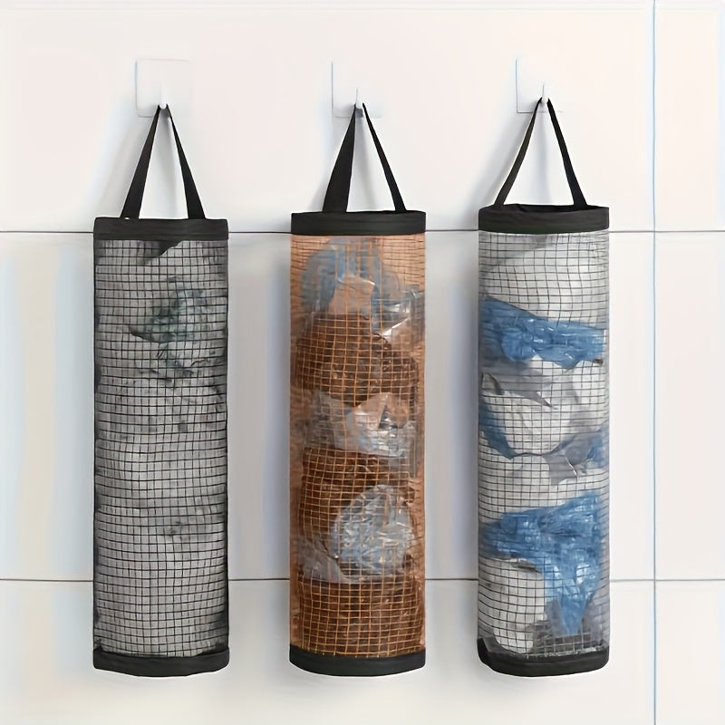 Wall-mounted drawstring bag organizer, PET mesh dispenser for grocery bags, reusable kitchen trash bag holder, multi-functional home storage tool