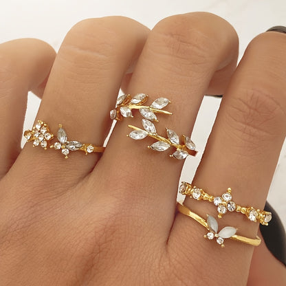 Elegant and Exquisite Y2K Style Sparkling Rhinestone Leaves Flowers Butterflies rings