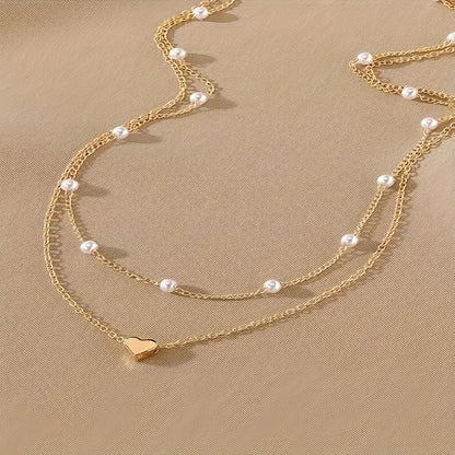 3pcs Elegant Minimalist Heart-Shaped Faux Pearl Necklace Bracelet Set, Adjustable Adjustable Chain, Suitable for Women'S Daily Wear and Holiday Gifts, Classic Versatile Commuter Style Valentine'S Day Present