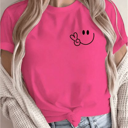 Women'S Casual Crew Neck T-Shirt with Smile Face Graphic, Short Sleeve, Regular Length, Letter Print Design, Soft Fabric, Perfect for Spring and Fall