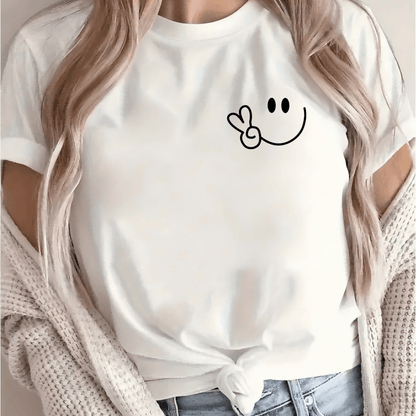 Women'S Casual Crew Neck T-Shirt with Smile Face Graphic, Short Sleeve, Regular Length, Letter Print Design, Soft Fabric, Perfect for Spring and Fall