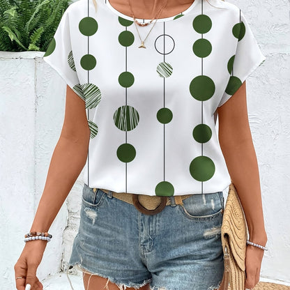 Women's Casual Green & White Geometric Print Long Sleeve Blouse - Lightweight Polyester, Round Neck, Machine Washable, Perfect for Spring/Summer/Fall