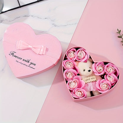 10pcs Romantic Rose Soap Gift Set with Teddy Bear - Heart-Shaped Plastic Box for Wedding, Bridal Shower, Birthday, Anniversary, Christmas, Thanksgiving, Valentine's Day, Mother's Day, Graduation - No Electricity Needed, Feath