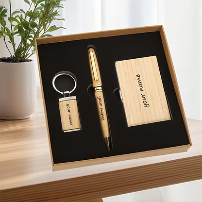 Custom Engraved Logo Ballpoint Pen Set with Keychain & Business Card Holder - Perfect Gift for Colleagues, Friends, and Family Birthdays or Holidays