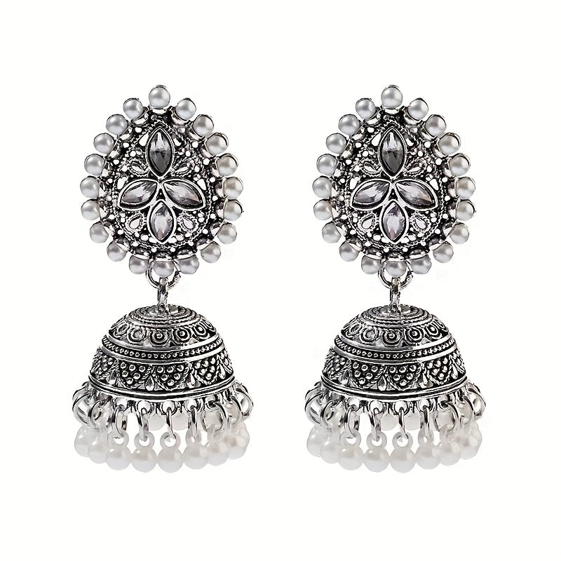 Bohemian Ethnic Golden-Tone Earrings with Imitation Pearl Accents & Synthetic Stones