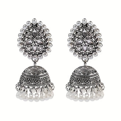 Bohemian Ethnic Golden-Tone Earrings with Imitation Pearl Accents & Synthetic Stones