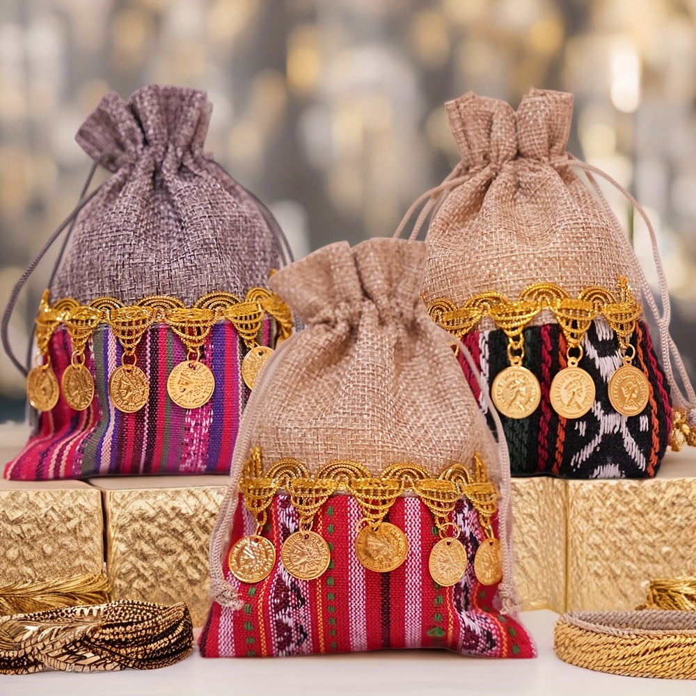 12pcs Vibrant Indian-Inspired Drawstring Bags - Durable Jute with Golden Coin Embellishments, Ideal for Jewelry, Weddings & Birthday Parties, Party Favor Bags|Traditional Design|Jute Material, Jewelry Bag