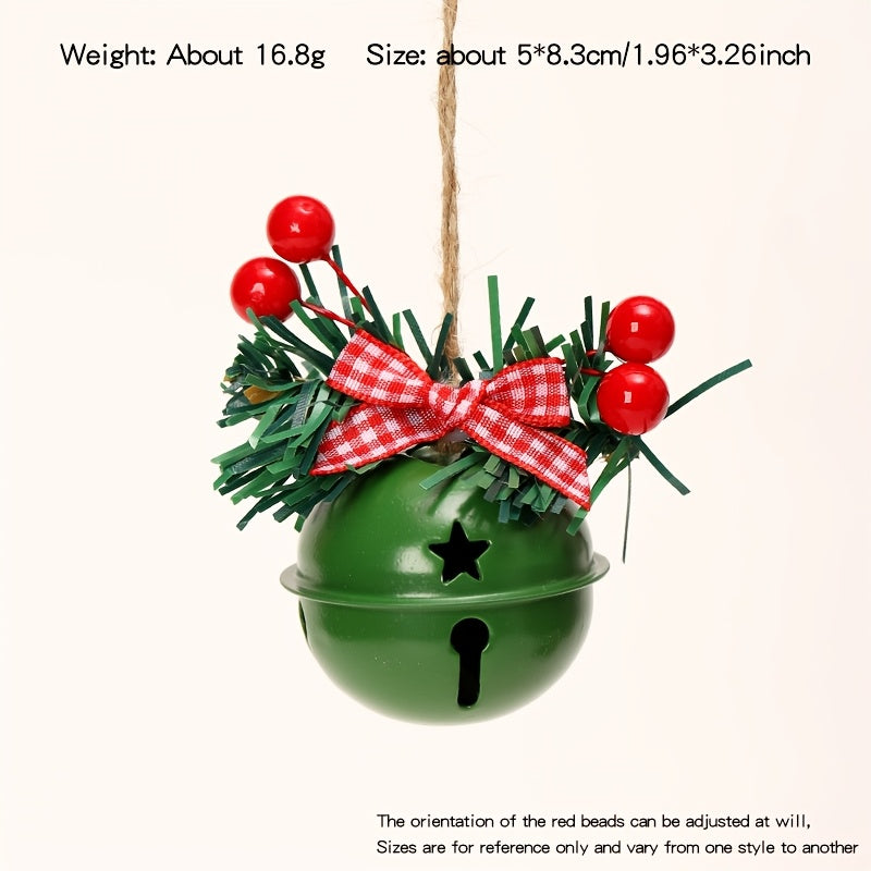 1 Set Christmas Jingle Bell Ornaments, Metal Hanging Decorations with Red Berries and Plaid Bows, Holiday Tree and Wreath Accents, No Electricity Required, Festive Wall and Door Decor