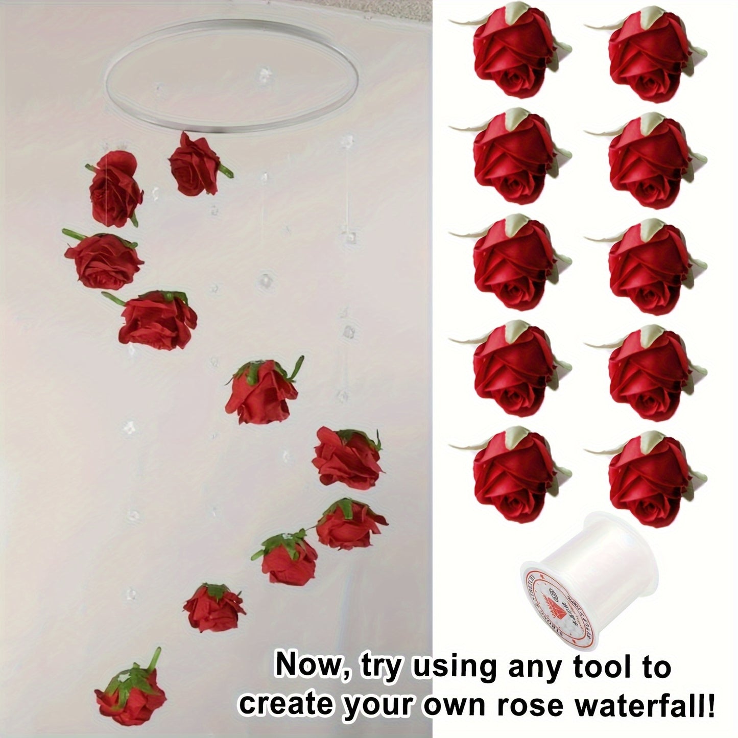 102pcs Red Rose Waterfall Set, Including 100 Artificial Roses and 2 Rolls of Transparent Rope, Valentine's Day Wedding Party Bridal Shower Birthday Room Decoration Supplies, Wedding Decor, Event Styling, Elegant Decor, Romant