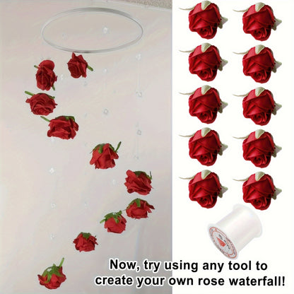 102pcs Red Rose Waterfall Set, Including 100 Artificial Roses and 2 Rolls of Transparent Rope, Valentine's Day Wedding Party Bridal Shower Birthday Room Decoration Supplies, Wedding Decor, Event Styling, Elegant Decor, Romant