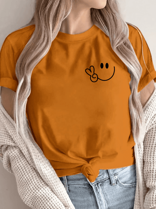 Women'S Casual Crew Neck T-Shirt with Smile Face Graphic, Short Sleeve, Regular Length, Letter Print Design, Soft Fabric, Perfect for Spring and Fall