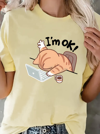 Women'S Casual Crew Neck Short Sleeve T-Shirt - "I'm Ok!" Cat Design, Soft & Comfortable Fabric, Perfect for Spring & Summer Outfits, Casual Wear | Playful Graphic Tee | Comfortable Fit