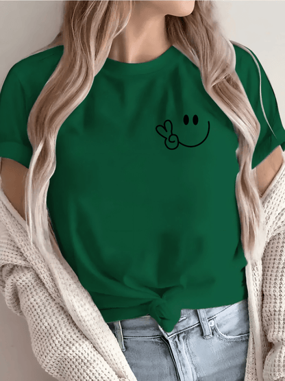 Women'S Casual Crew Neck T-Shirt with Smile Face Graphic, Short Sleeve, Regular Length, Letter Print Design, Soft Fabric, Perfect for Spring and Fall