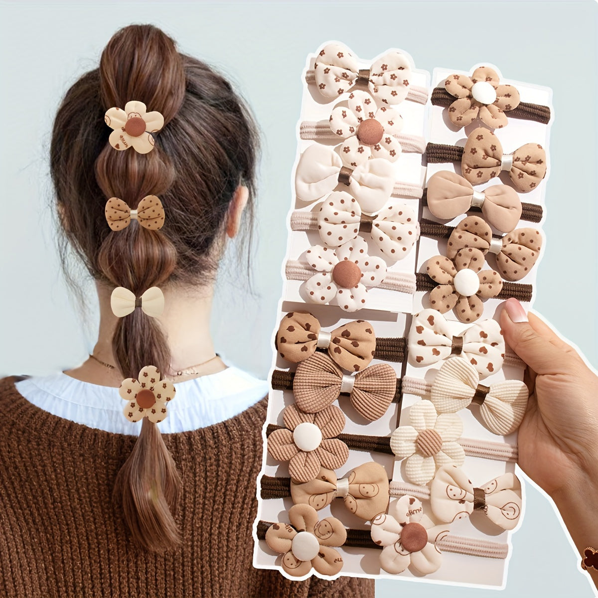 10pcs Elastic Hair Ties with Cute Floral & Bow Designs - Beige/Brown/White/, Stretchy Hold for Ponytails, Buns, Braids - No-Slip Hair Accessories for Women, Girls, Everyday & Sports - Easy to Use & Hand Washable, Small Hair C