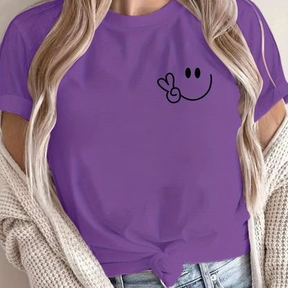 Women'S Casual Crew Neck T-Shirt with Smile Face Graphic, Short Sleeve, Regular Length, Letter Print Design, Soft Fabric, Perfect for Spring and Fall