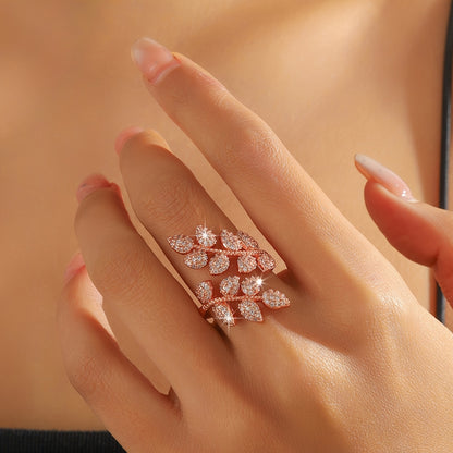 Adjustable Ladies' Ring With Trendy Copper Inlaid With Zirconia, Featuring Tree Leaves And Wheat Spikes