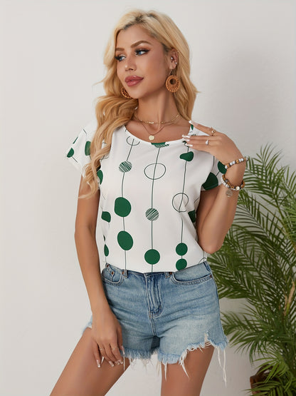 Women's Casual Green & White Geometric Print Long Sleeve Blouse - Lightweight Polyester, Round Neck, Machine Washable, Perfect for Spring/Summer/Fall