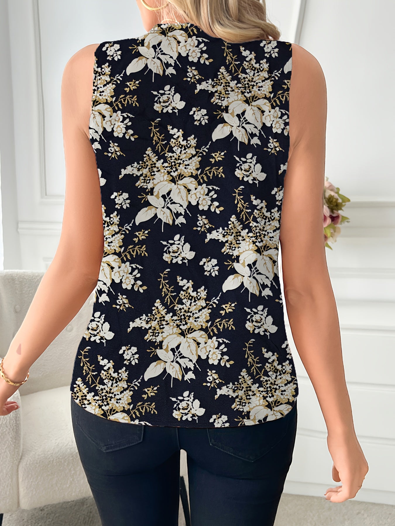 Elegant Women's V-Neck Blouse with Floral Print - Sleeveless, Casual Summer Top, Machine Washable