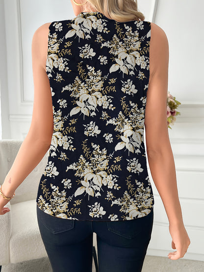 Elegant Women's V-Neck Blouse with Floral Print - Sleeveless, Casual Summer Top, Machine Washable