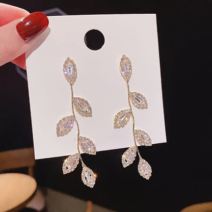 Rhinestone Leaf Tassel Earrings