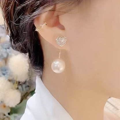 Rhinestone Heart Earring with Faux Imitation Pearl